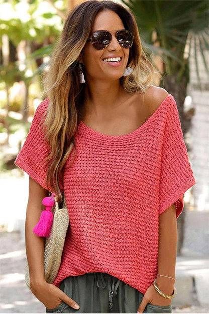 Blusa holgada de manga murciélago de punto liso color arcilla roja