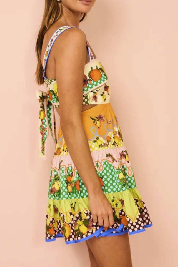 Vestido mini veraniego multicolor con dobladillo preatado en limón