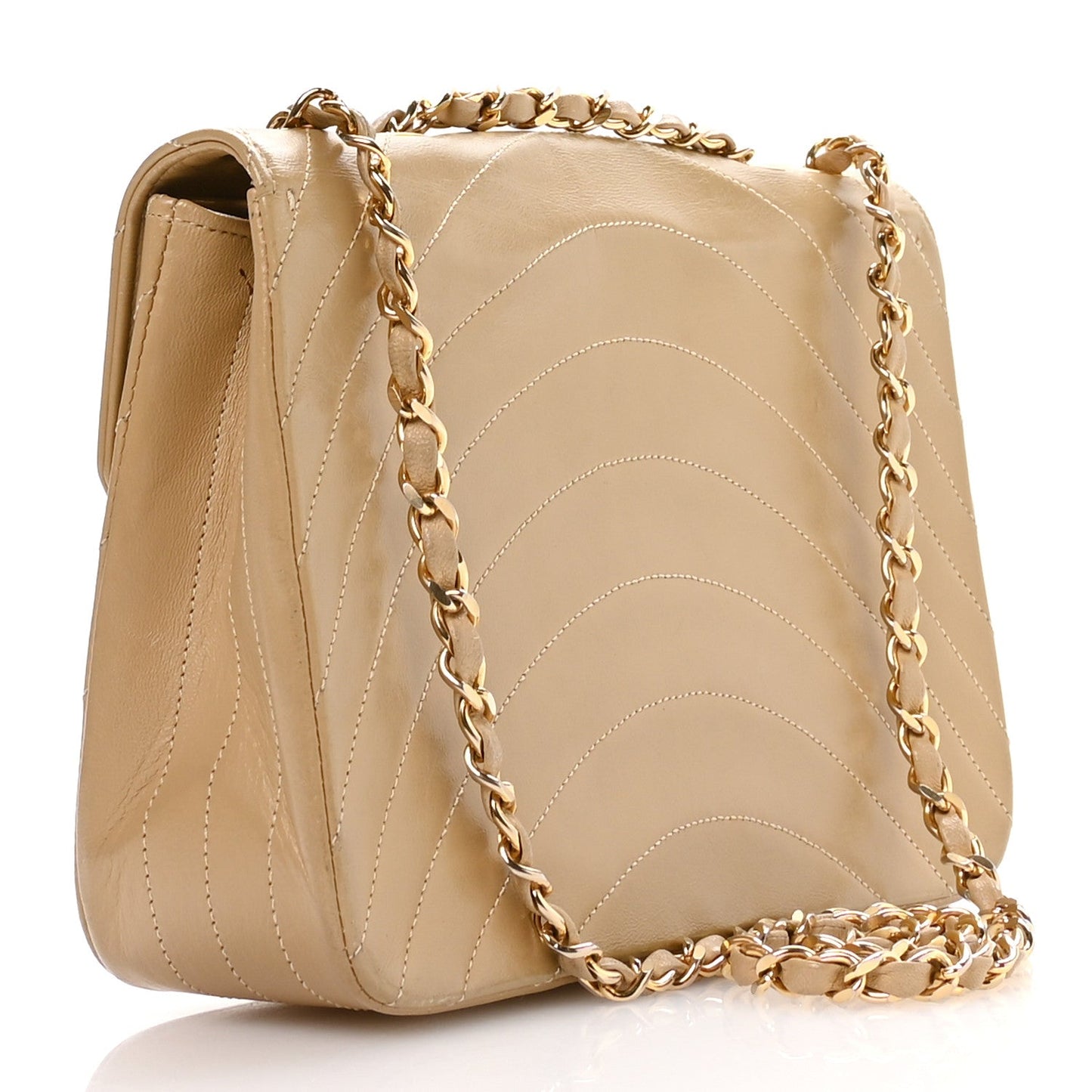 Lambskin Ribbon Stitched Flap Beige
