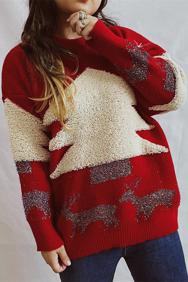 Suéter de punto de cuello redondo y manga larga con estampado navideño