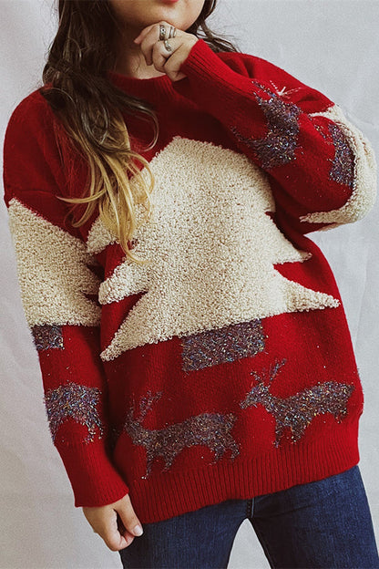 Suéter de punto de cuello redondo y manga larga con estampado navideño