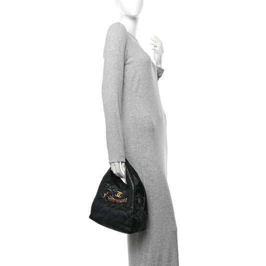 Shiny Lambskin Quilted CC Belt Shopping Bag Black