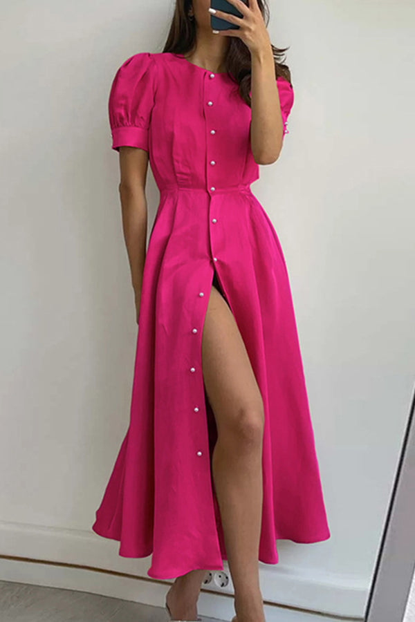Elegante vestido de viajero diario con cintura alta y abertura hasta la mitad de la longitud 