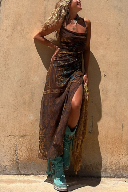 Vestido sexy de malla con tirantes y abertura elástica, estampado sin mangas