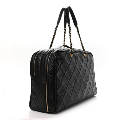 Shiny Grained Calfskin Quilted Large Travel Bowling Bag Black