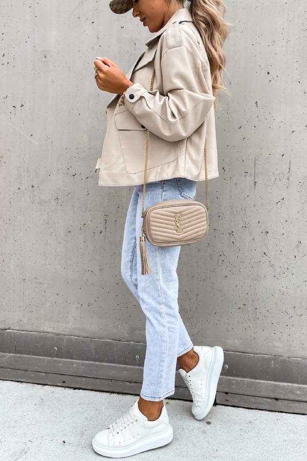 Chaqueta corta de cuero estilo británico con bolsillo de solapa