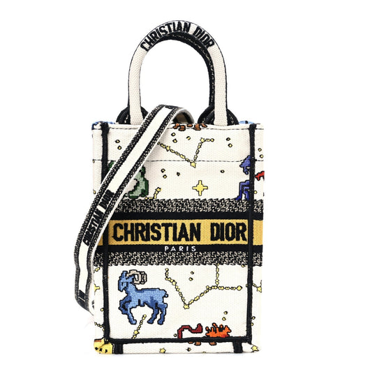 Canvas Embroidered Pixel Zodiac Mini Book Tote Phone Bag Latte Multicolor