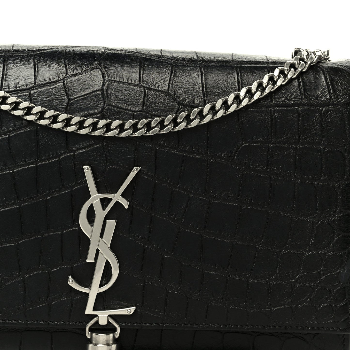 Calfskin Crocodile Embossed Medium Classic Monogram Kate Tassel Satchel Black