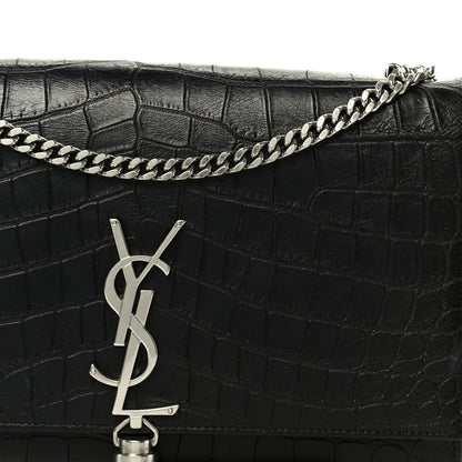 Calfskin Crocodile Embossed Medium Classic Monogram Kate Tassel Satchel Black