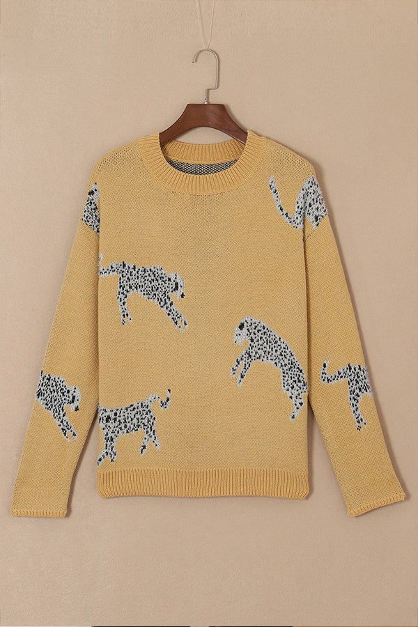 Suéter de punto con hombros caídos y estampado animal color camello