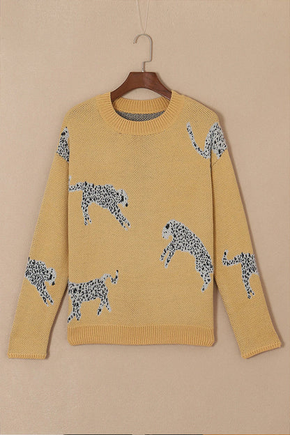 Suéter de punto con hombros caídos y estampado animal color camello