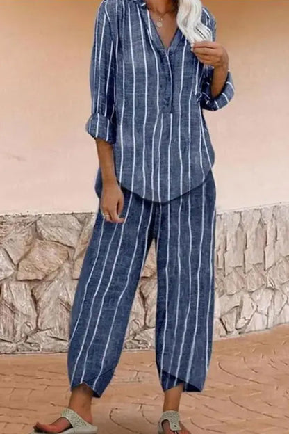 Conjunto informal de camisa holgada de manga larga con estampado a rayas