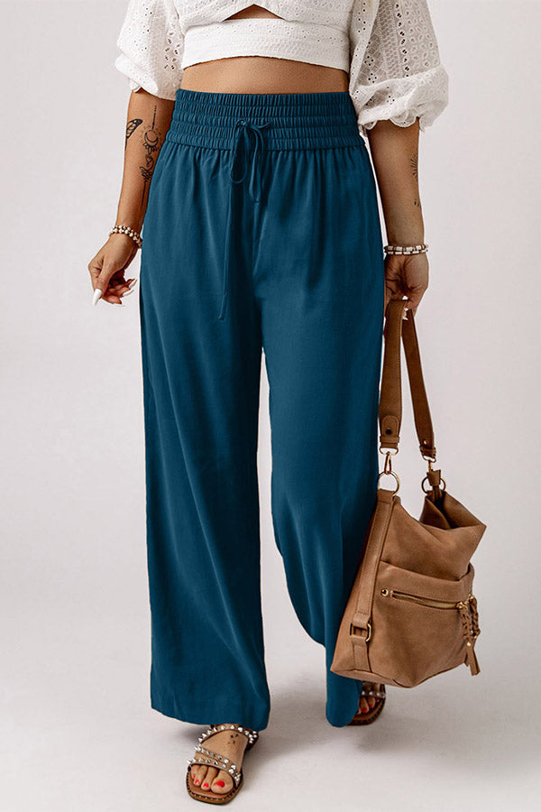 Pantalones casuales de pierna ancha con cintura elástica fruncida y cordón ajustable