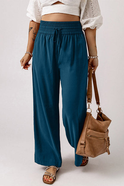 Pantalones casuales de pierna ancha con cintura elástica fruncida y cordón ajustable
