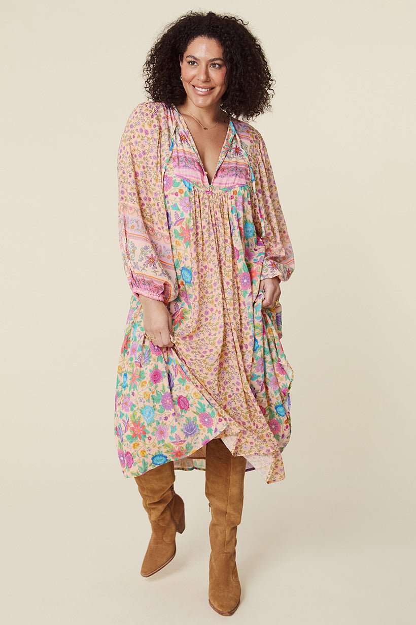 Vestido campesino midi holgado con estampado de empalme Aditi 