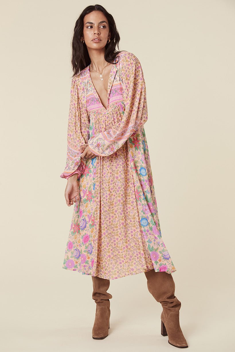 Vestido campesino midi holgado con estampado de empalme Aditi 