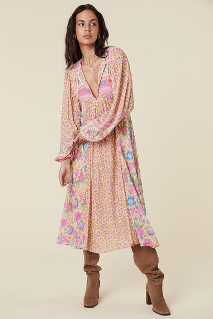 Vestido campesino midi holgado con estampado de empalme Aditi 