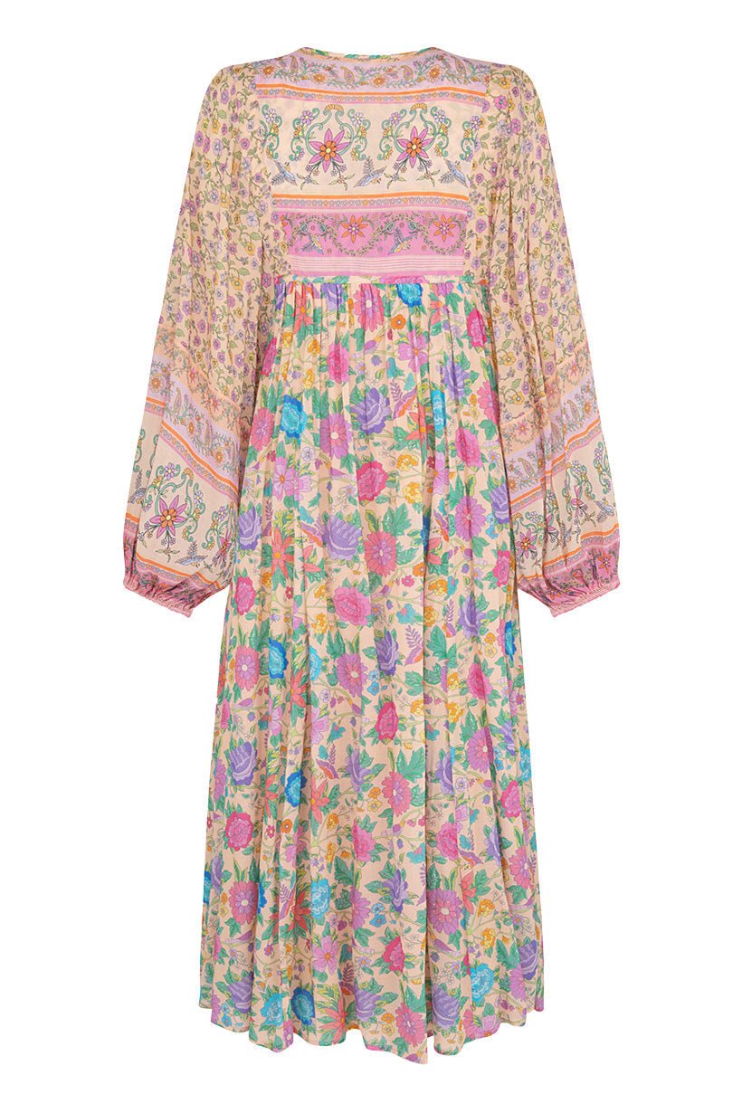 Vestido campesino midi holgado con estampado de empalme Aditi 