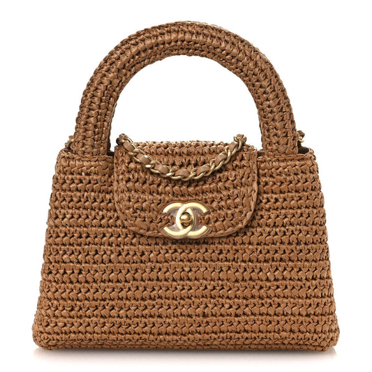 Braided Raffia Nano Kelly Flap Bag Dark Beige