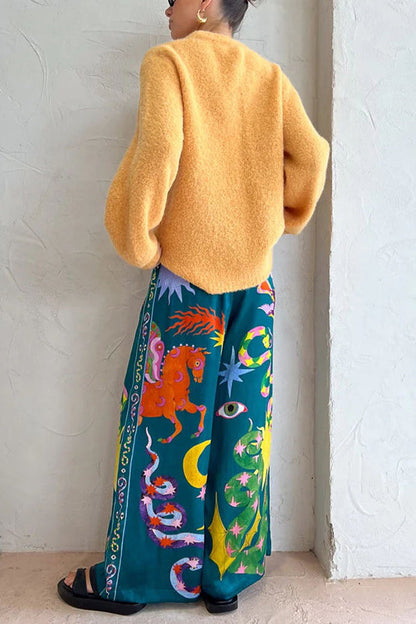 Pantalones Pierson de mezcla de lino con estampado único, cintura elástica, bolsillos y pierna ancha