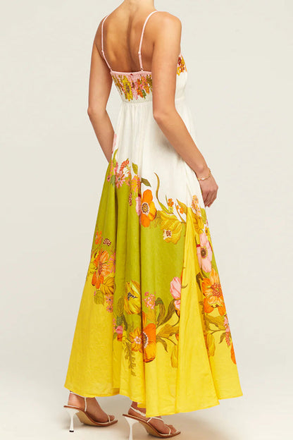 Vestido largo de mezcla de lino con estampado floral en contraste y bolsillos fruncidos en la espalda