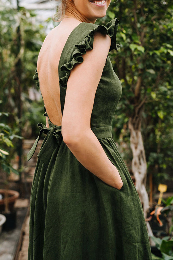 VESTIDO DE LINO CON MANGAS CON VOLANTES Y ESPALDA DESCONECTADAS