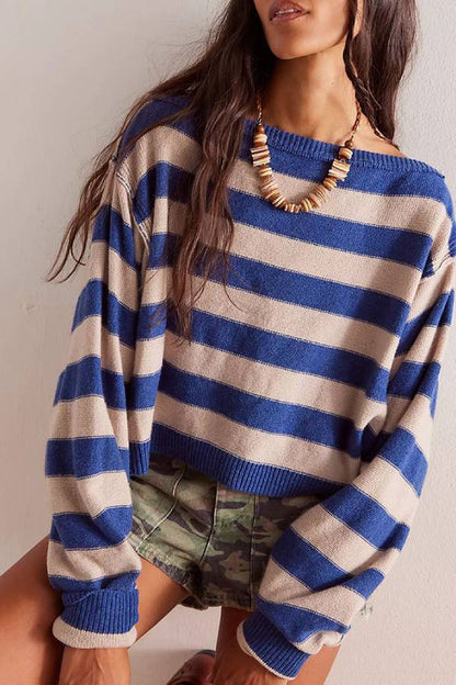Suéter de punto holgado de manga larga con cuello redondo y estampado de rayas