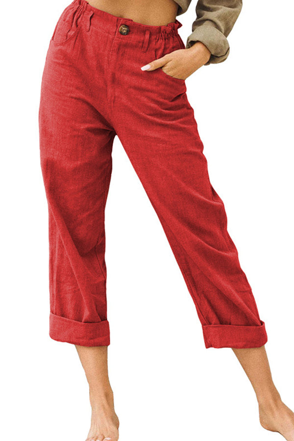 Pantalones casuales de cintura alta holgados de moda de algodón y lino de color sólido