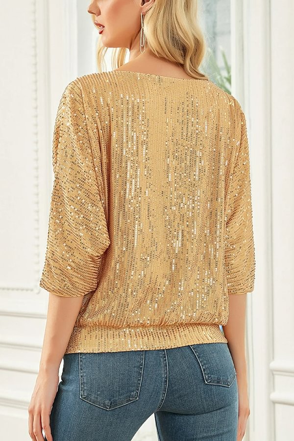 Top casual holgado de cuello redondo con lentejuelas de color liso