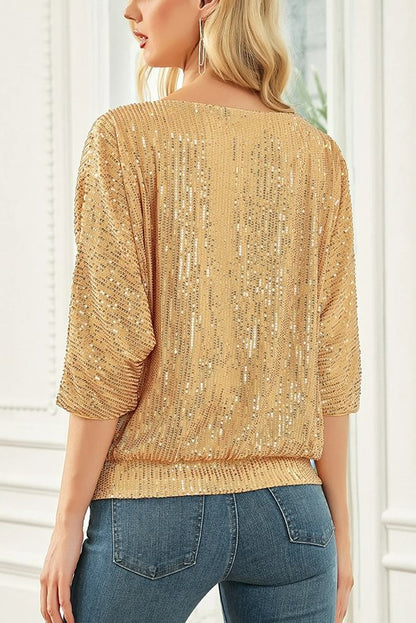 Top casual holgado de cuello redondo con lentejuelas de color liso