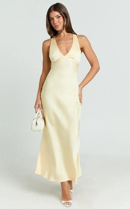 Khalani Midi Dress - Deep V Neck Satin Slip Dress in Butter Yellow