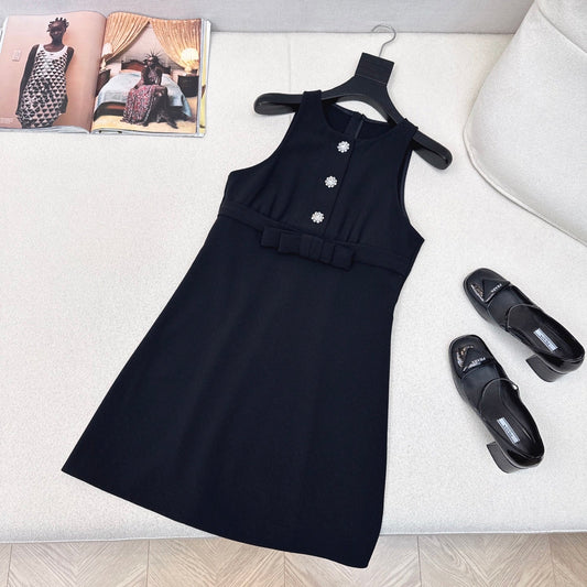 Prada 25 Diamond Button Sleeveless Vest Dress Black Cotton Polyester 598350