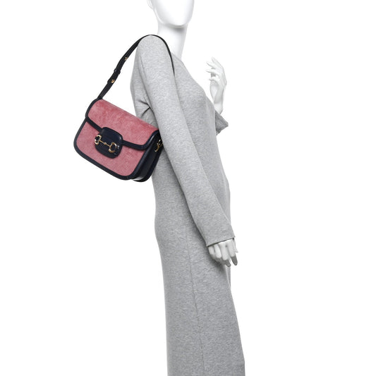 Lanzo Stretch Cord Azalea Calfskin Horsebit 1955 Shoulder Bag Lipstick Rose Blue