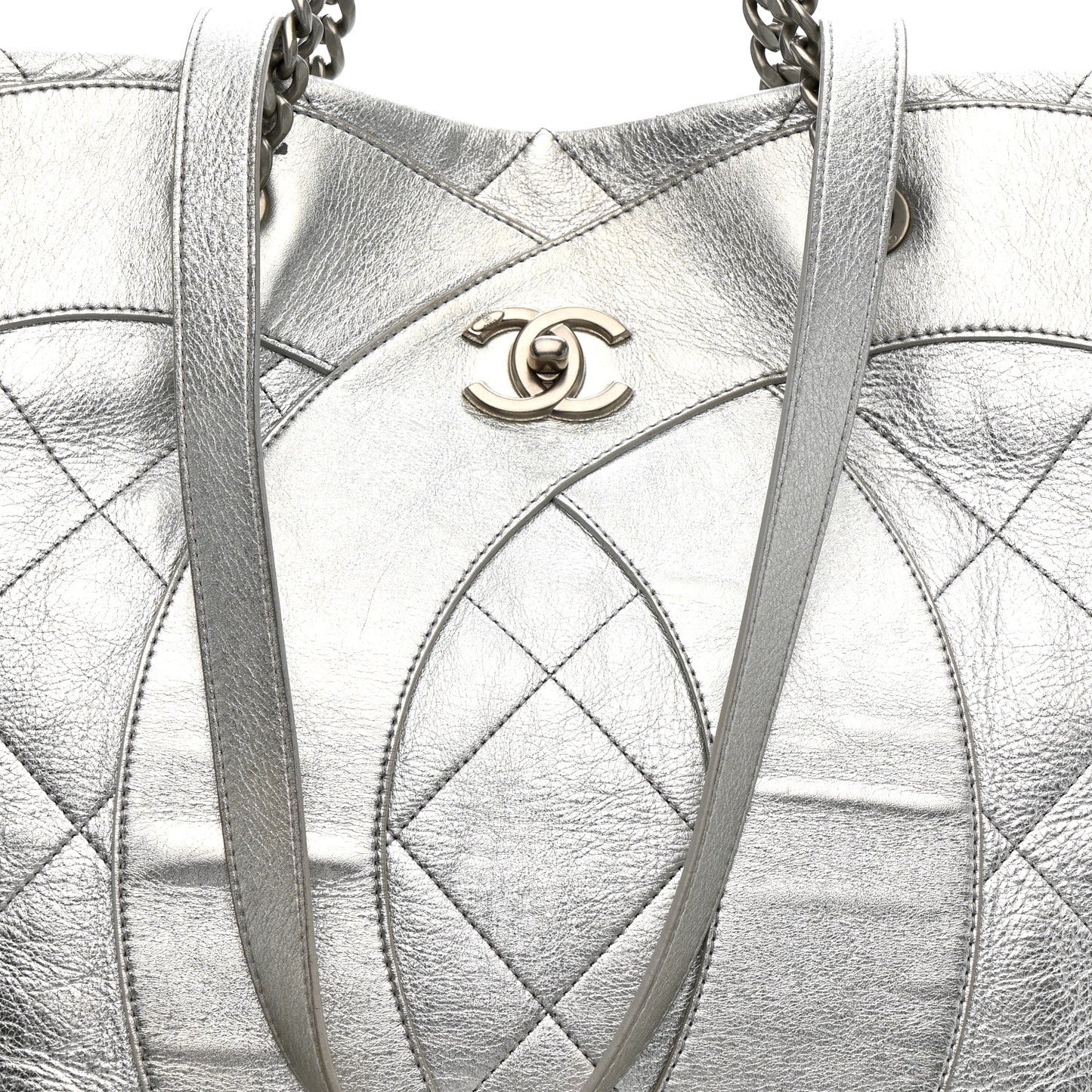 Metallic Calfskin Stitched CC Club Monaco Tote Silver