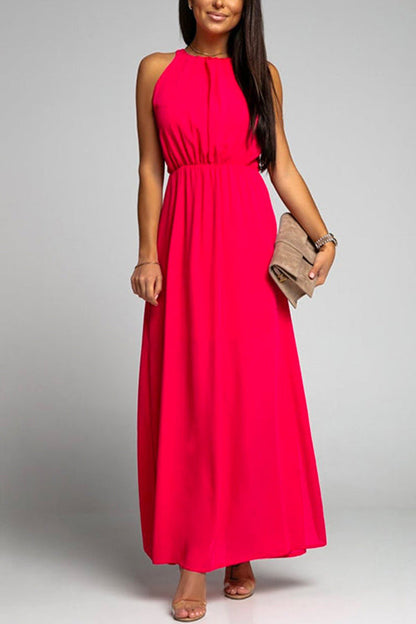 Vestido de cuello redondo, sin mangas, con cintura y abertura lateral