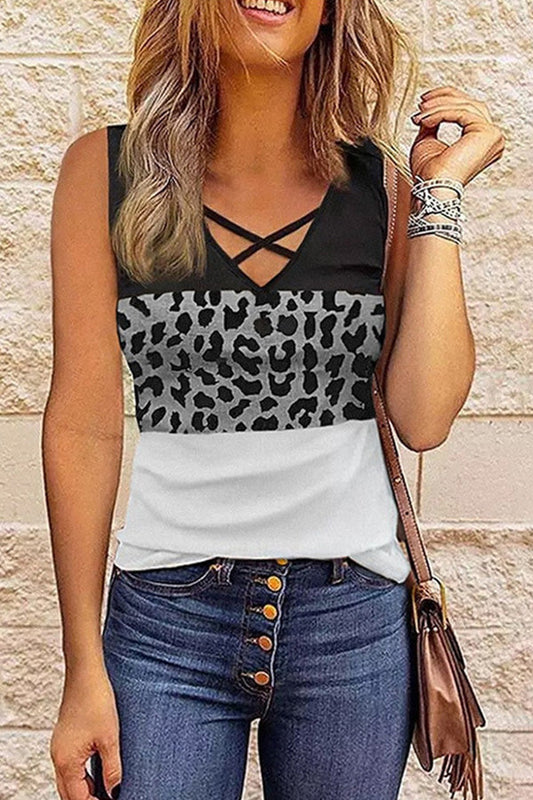 Leopard-paneled V-neck top