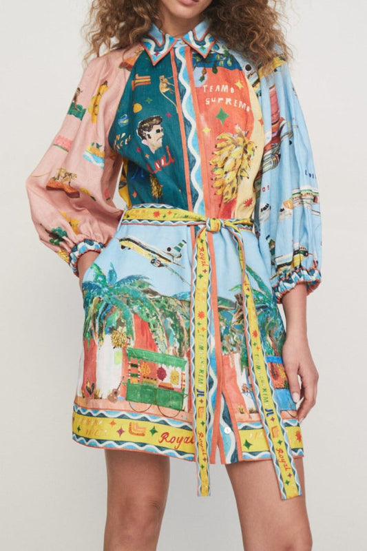 Vestido camisero corto con cinturón y bolsillo y mangas abullonadas con estampado único de mezcla de lino