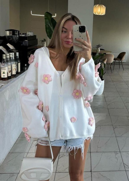 Blush Bloom - 3D Floral Knit Cardigan with V-Neck