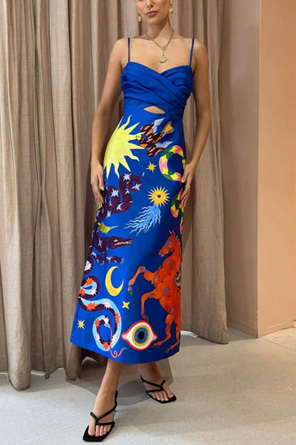 Vestido midi con tirantes cruzados y fruncido con estampado único de Main Stage