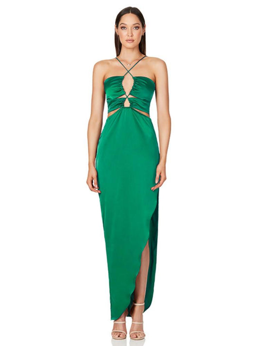 Vestido largo de satén con cuello halter cruzado Alva 