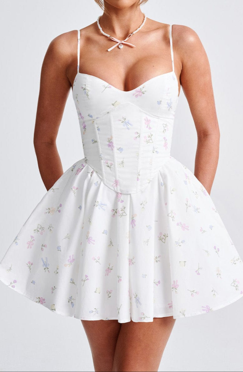 Amy Mini Dress-White Multi Floral Print