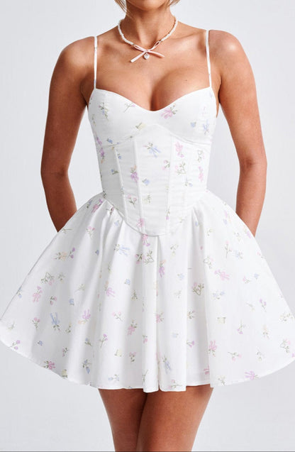 Amy Mini Dress-White Multi Floral Print