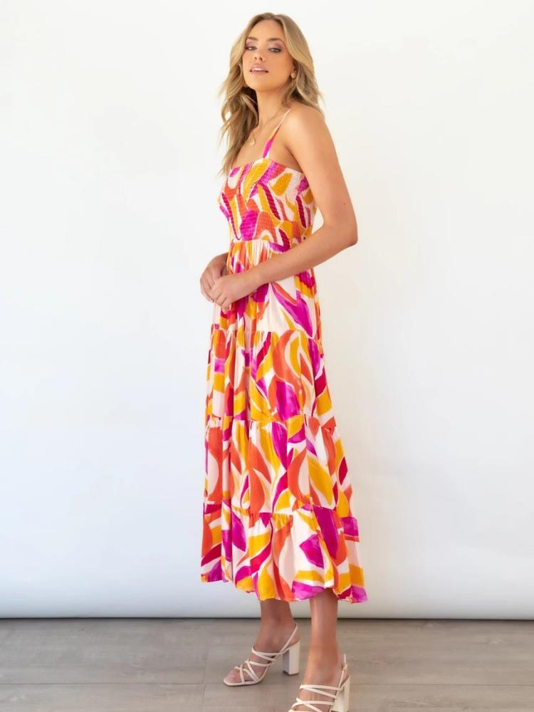 Vestido largo de verano con capas y corpiño fruncido estampado Andrea 