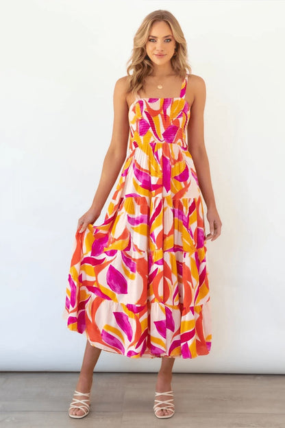 Vestido largo de verano con capas y corpiño fruncido estampado Andrea 