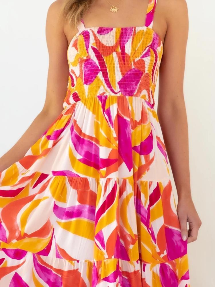 Vestido largo de verano con capas y corpiño fruncido estampado Andrea 