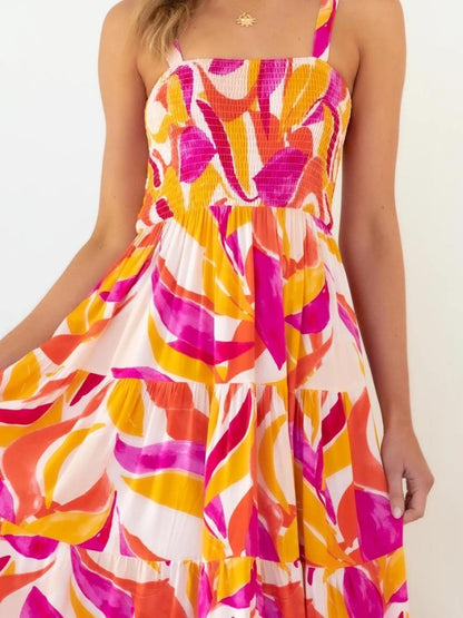 Vestido largo de verano con capas y corpiño fruncido estampado Andrea 