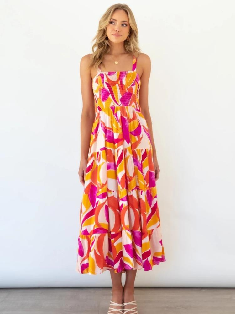 Vestido largo de verano con capas y corpiño fruncido estampado Andrea 