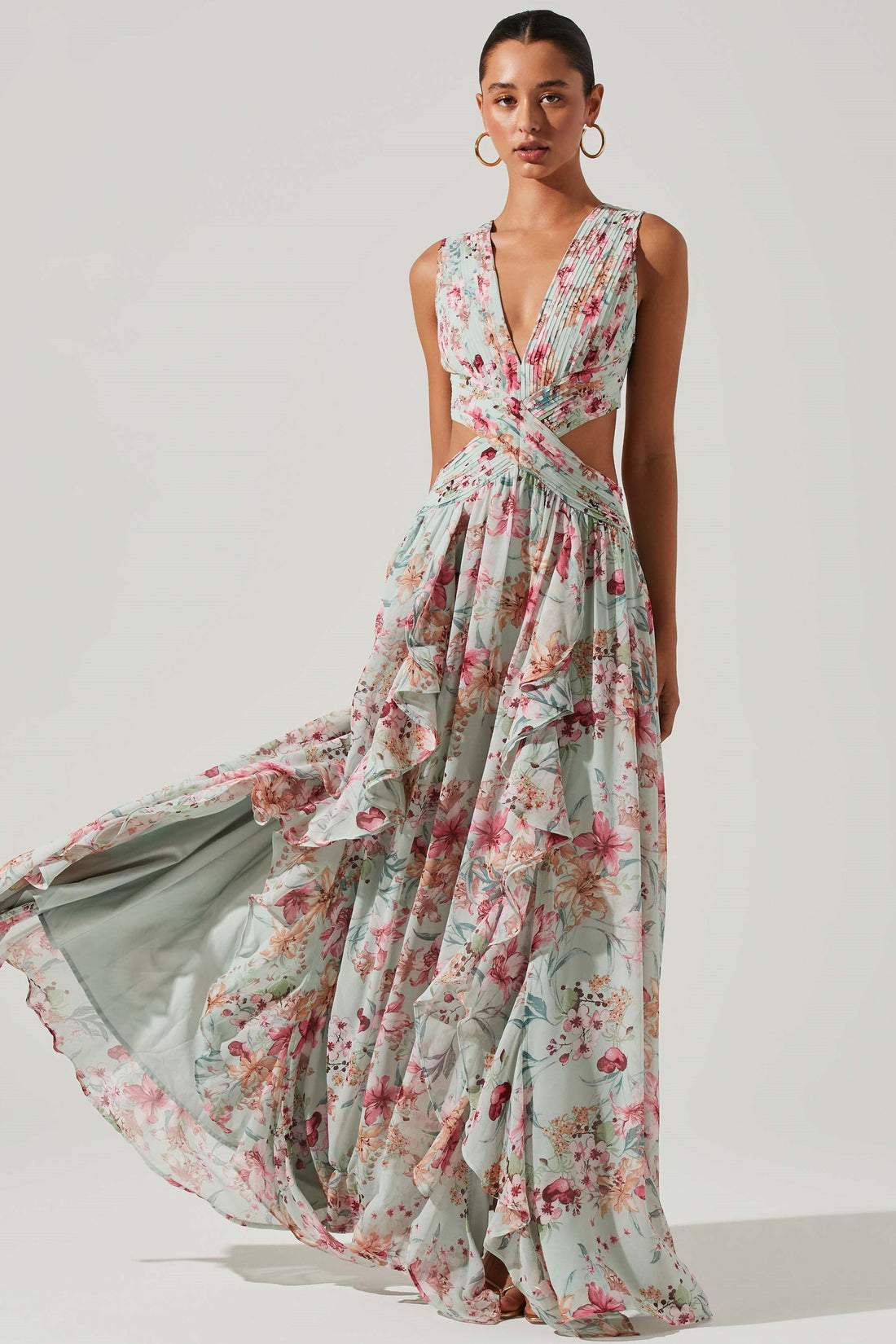 Vestido largo plisado con volantes y estampado Anila 