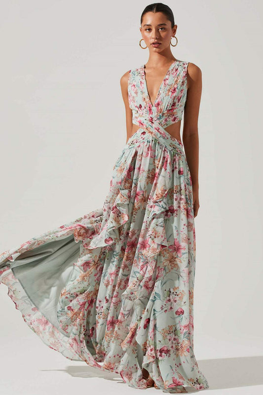 Vestido largo plisado con volantes y estampado Anila 
