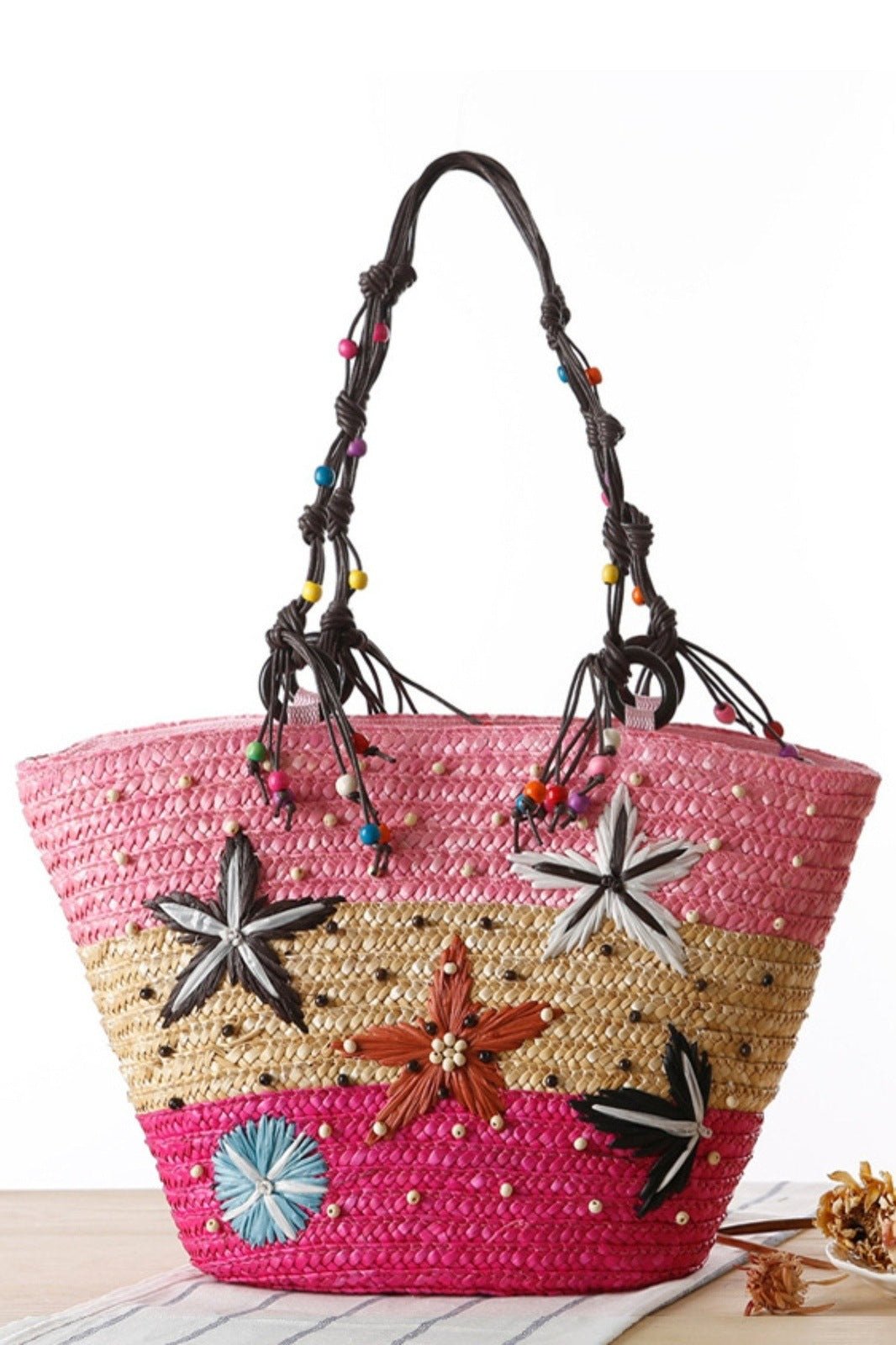 Bolso tote de paja con tejido de estrella de mar bordada Arora 